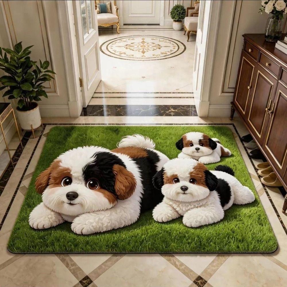 Absorbent Teddy Dog Print Rug Diatomite Entryway Rug Cartoon Floor Mat Home Decor