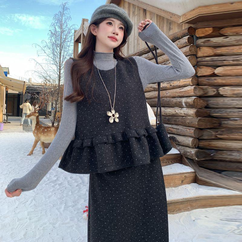 Корейский ретро комплект из трех предметов: жилет с горошком и зауженная юбка - Коллекция Осень/Зима S