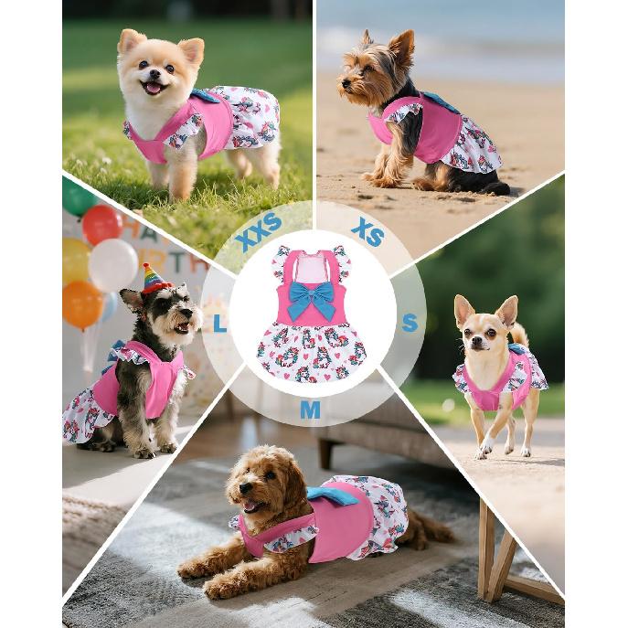 CuteBone Dog Dress for Small Dogs Girl, Unicorn Summer Dresses with Bow & Ruffle Sleeve, UPF50+ Sun Protection, Cute Pet Clothes for Puppy for