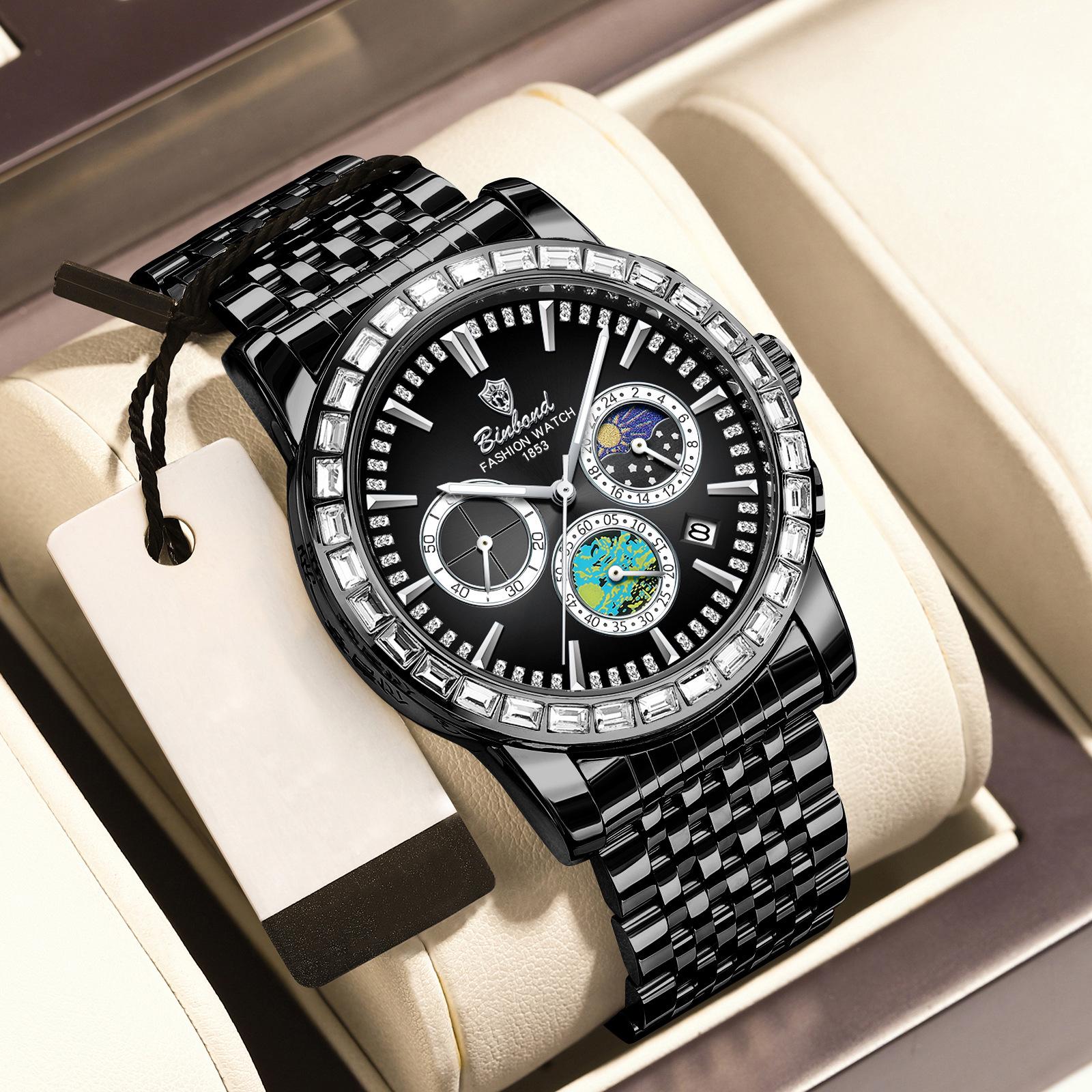 BINBOND Men s Waterproof Luminous Quartz Watch with Steel Band and Moon Phase Indicator