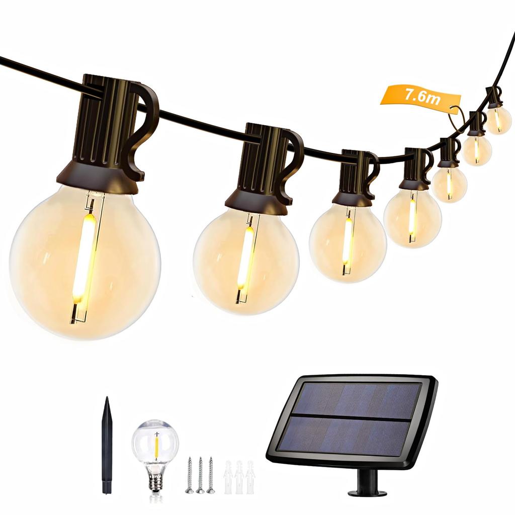 IKERY Solar LED String 2700K Warm 5V Low PC G40 E12 Ambient Christmas Garden Shopping Street Decorations Lights, 7.6M, White, Voltage, Material,