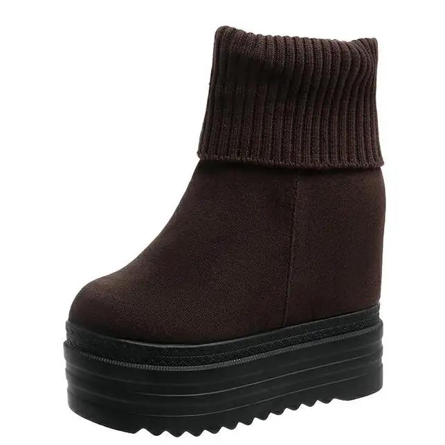 

12.5СМ Женские Зимние Вязаные Плюшевые Сапоги до Середины Икры на Скрытой Платформе с Толстой Подошвой Женские Теплые Зимние Ботинки 34