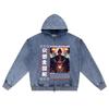 DTG print Knitted Denim Zip-Up Hoodie Japan Samurai Brother Print Zipper Hoodies  