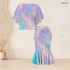Women Plus Size Black Green Gold Round Neck Printed Batwing Sleeve Ruffle Top Fishtail Skirt Two Piece Set