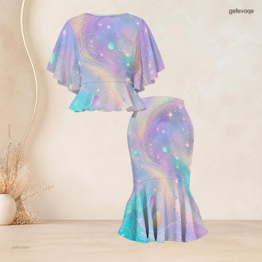Women Plus Size Black Green Gold Round Neck Printed Batwing Sleeve Ruffle Top Fishtail Skirt Two Piece Set