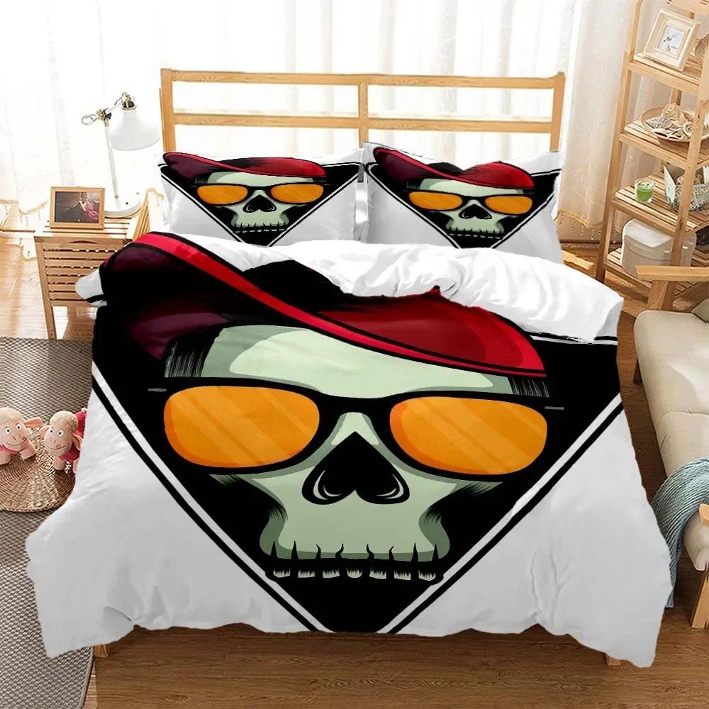 Skull Personalized Digital Printing Polyester Bedding Set For Boys And Girls Three Piece Comfortable Soft Couple Gift