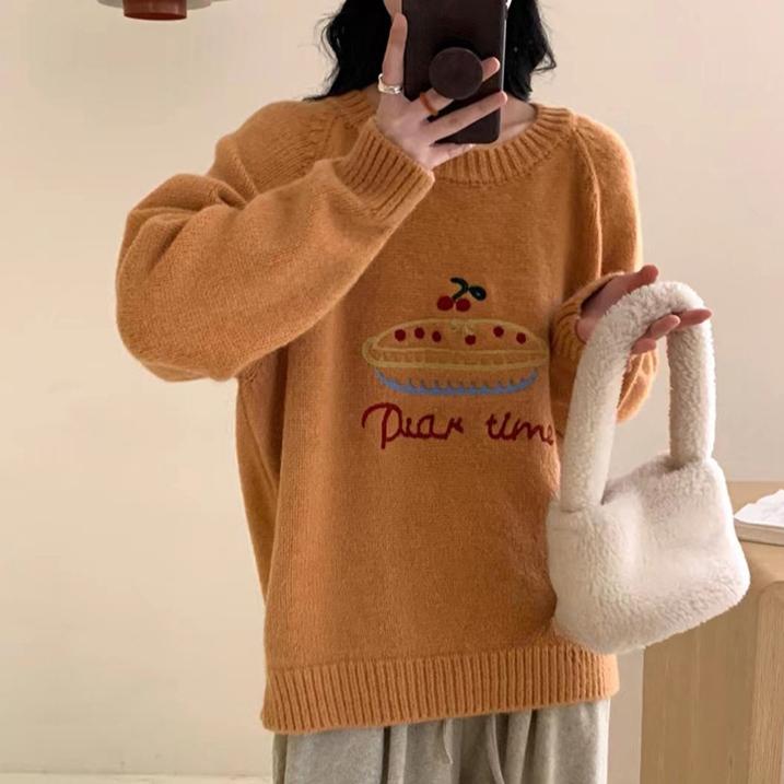 Cute Embroidery Pullover Sweater Women's Autumn and Winter Candy Color Round Neck Loose Knit Sweater Top College Style