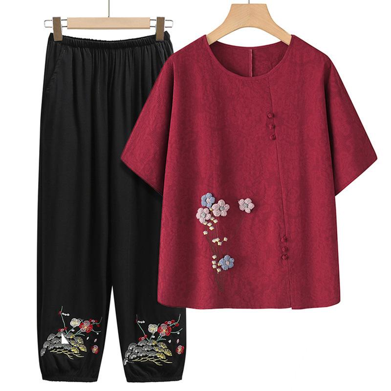 Middle-aged and Elderly Spring and Summer Clothing Casual Thin Short-sleeved + Seven Trousers Two Piece Suit
