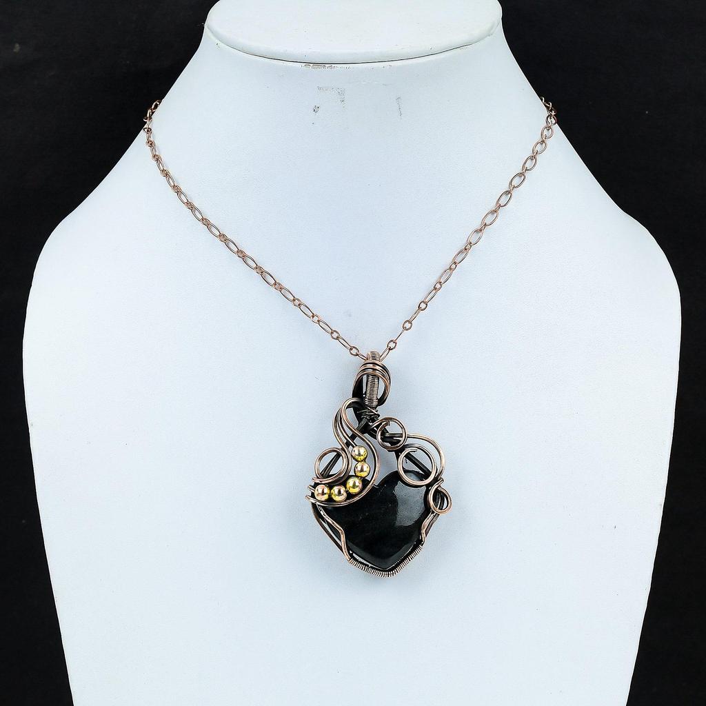 Silver Sheen Obsidian Gemstone Handmade Jewelry Pure Copper Wire Wrapped Pendant
