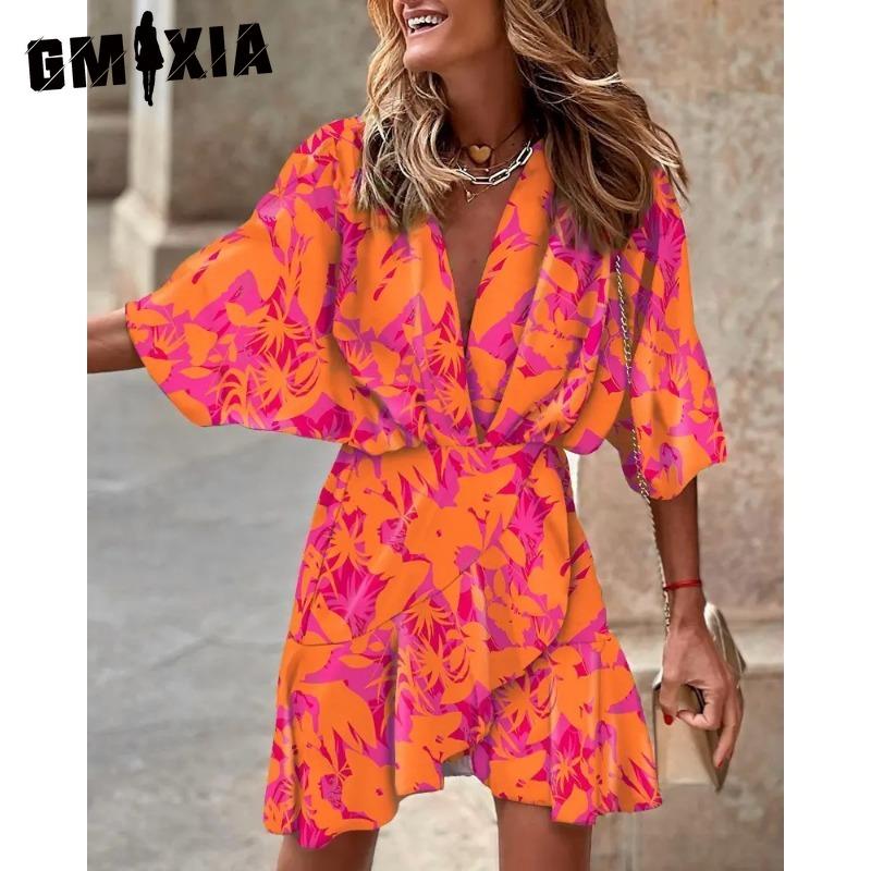

GMXIA женская мода лето весна однотонный принт рукава 3/4 с v-образным вырезом и высокой талией повседневные платья XL оранжевый