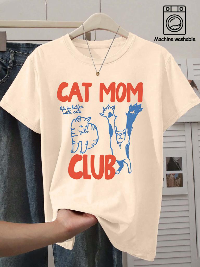 Women's Round Neck CAT MOM Cat Text Printed Short Sleeved T-shirt Soft Women's Clothing American Fun Cute Pet Design