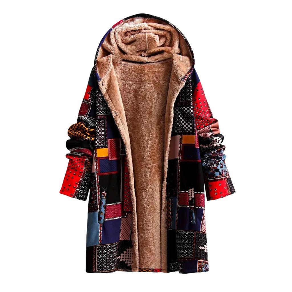 Womens Winter Button Patchwork Fleece Hooded Jacket Coat Long Sleeve Warm Liner Pocket Coat