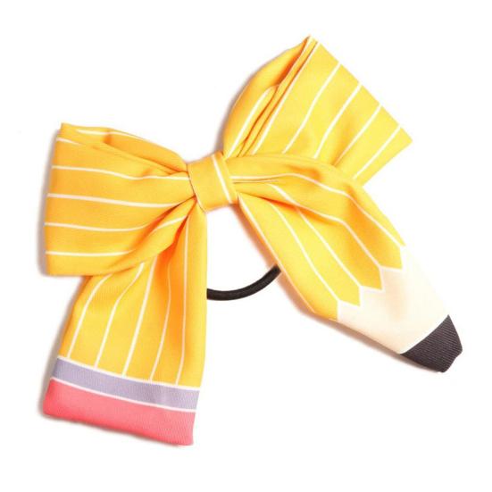 Women Hair Rope Yellow Striped Pencil Bowknot Decor Hair Tie