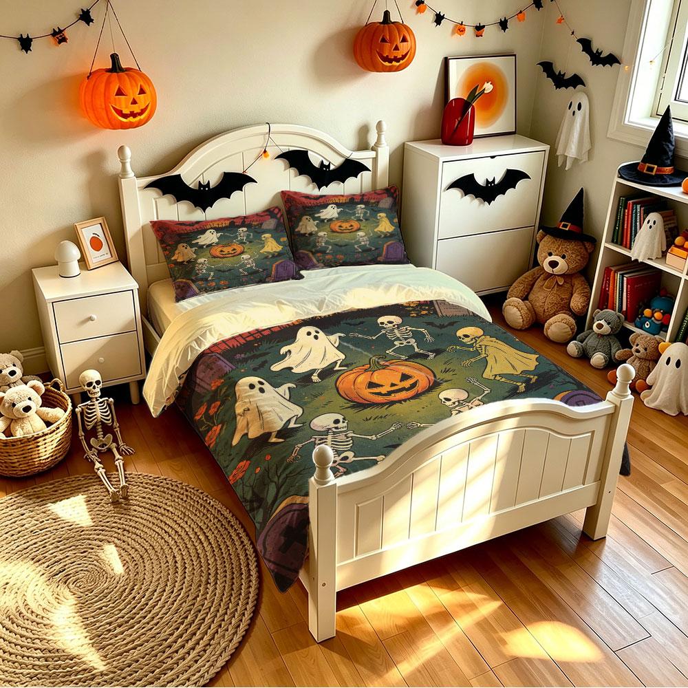 Halloween Duvet Cover Set 3Pcs Pumpkin Ghost Skeleton Graveyard Print Soft Microfiber Bedding with Pillowcases