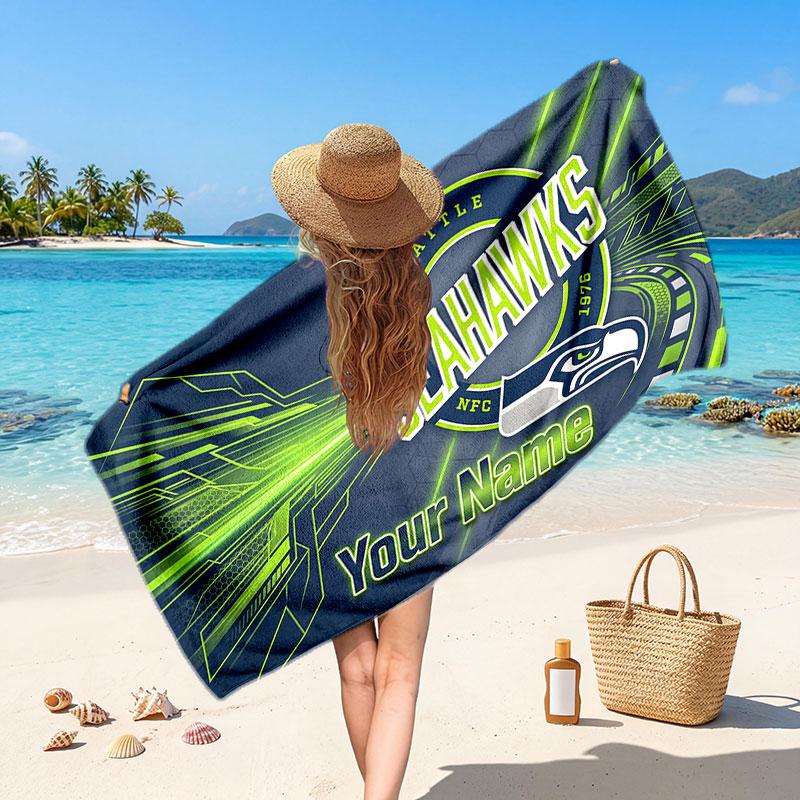Seattle Seahawks Customized Name Text Beach Towel, Soft Absorbent Towel Beach Pool Travel Personal Gift