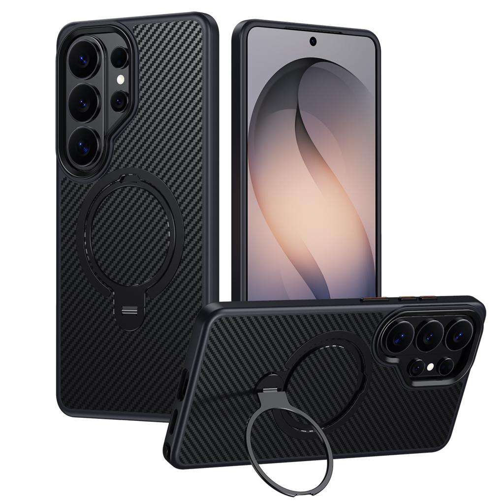360 Rotating Kickstand Magnetic Carbon Fiber Pattern Case for Samsung S26 Ultra S25 S24 Plus S23 S22 Shockproof Sturdy Cover