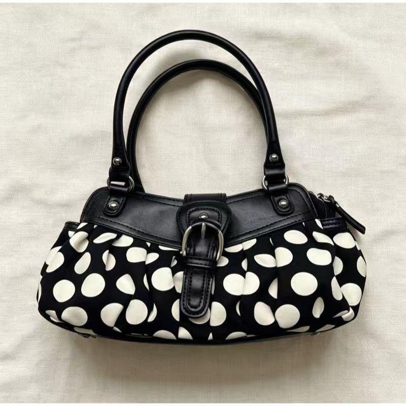 Retro Y2k Polka Dot Motorcycle Underarm Bag Stylish Women's Belt Buckle Design Shoulder Bag Niche Rivet Patchwork Design Handbag