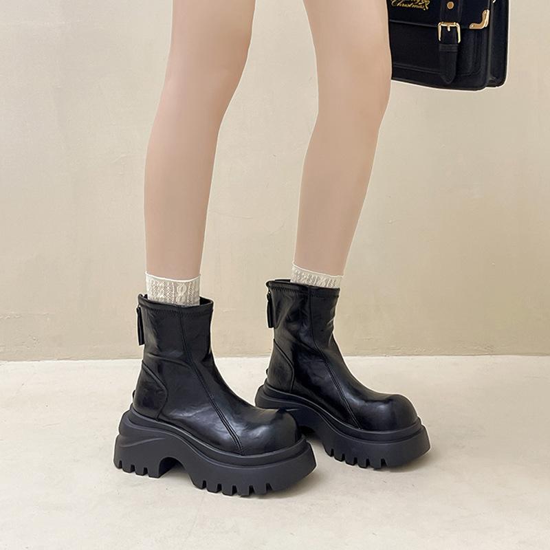 Retro British Leather Boots Thick-soled Martin Boots Women's Autumn and Winter Fashion Versatile and Comfortable Heightening Medium Heel Short Boots
