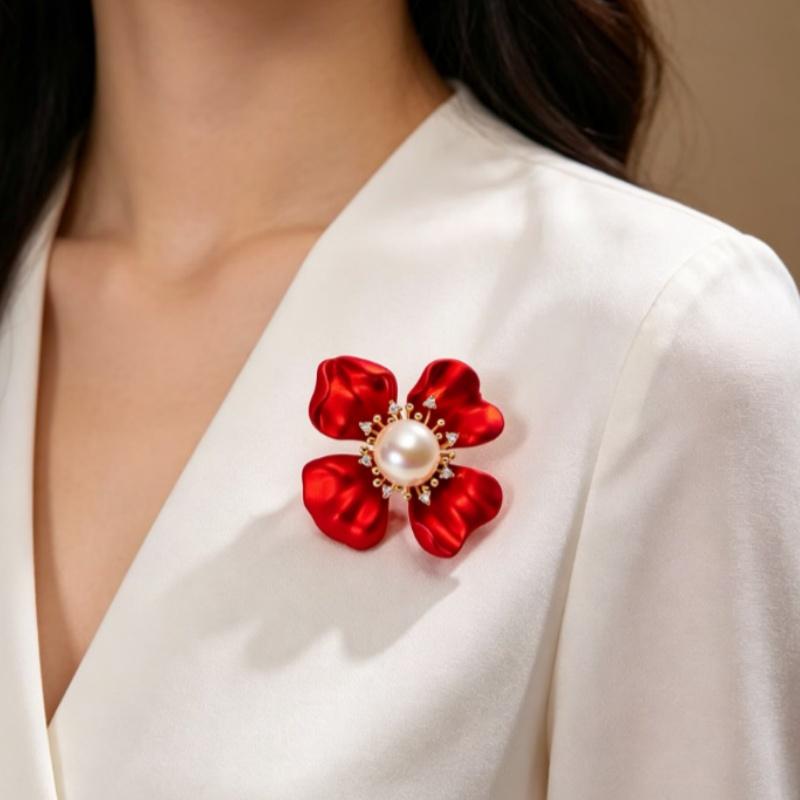 Beautiful Flower Brooches For Women Red Enamel Pearl Flowers Plants Party Office Brooch Pin Gifts