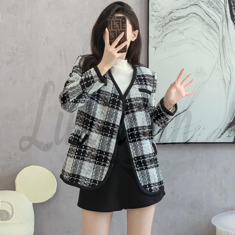 Autumn French Chic Mid-Length Plaid Suit Jacket for Women Extra Large