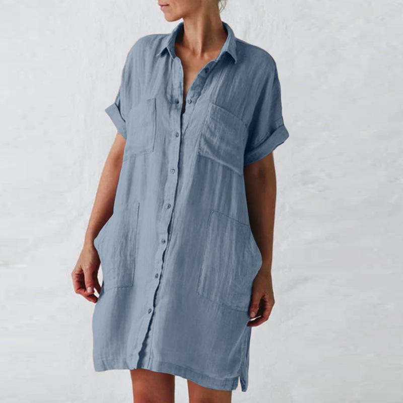 Abito Camicia Donna Estivo Vintage Cotone Lino Casual Manica Corta Ampio Taglia Grande Abito Donna Moda Tasche Collo a Punta Monopetto Vestiti 1006