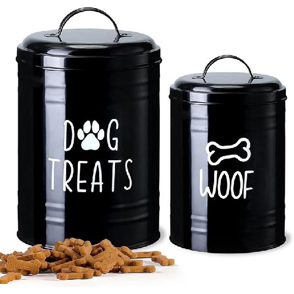 Dog Treat Container Airtight, Dog Treat Jar Set of 2 with Lid - 9x5.5  &7x4   Metal Dog Cookie Jar for Farmhouse Kitchen Counter, Black Treat Jars