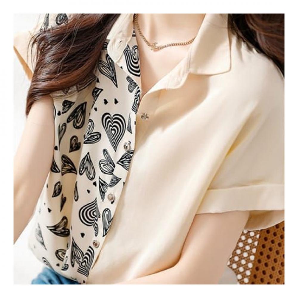 Navava Women Vintage Heart Print Short Sleeve Shirt Nb2207