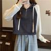 Women's Color Block Raglan Half-Zip Hooded Sweatshirt - Spring/Autumn 2023 Petite Versatile Short Top
