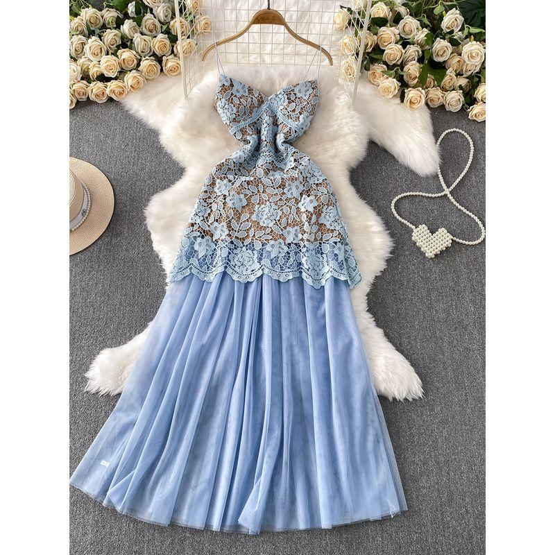 High-End Temperament Water Soluble Lace Sling Short Dress Two-piece Set High Waist Slimming Elegant Mesh Skirt