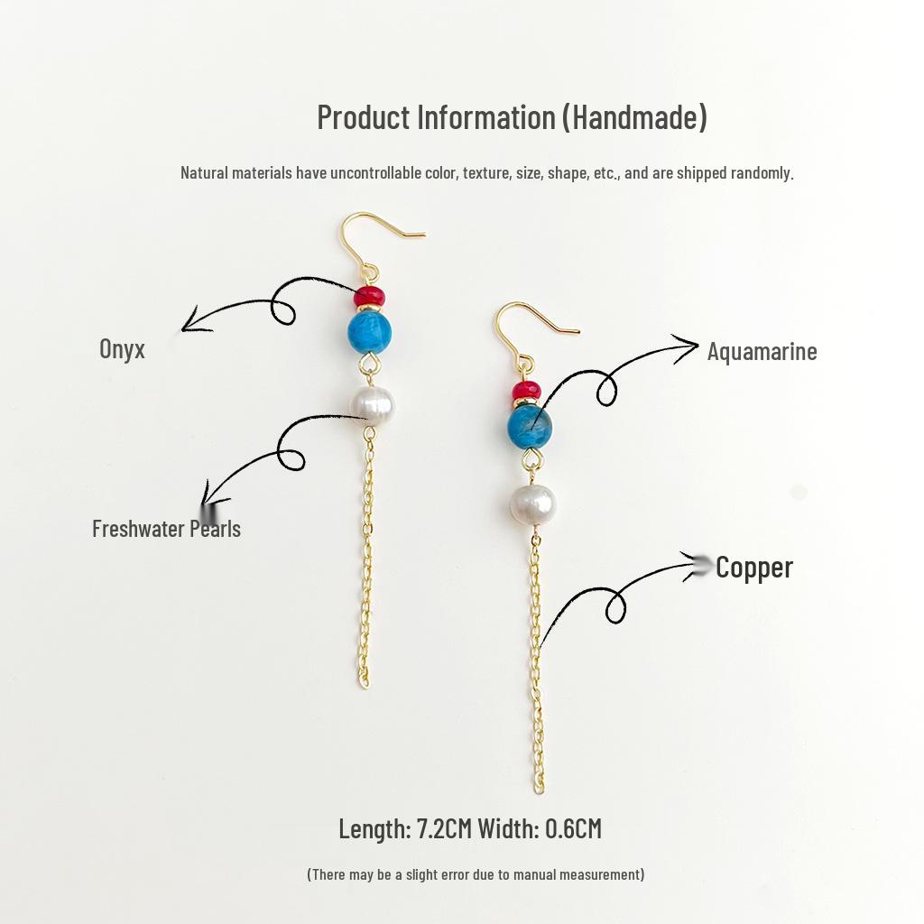 Boucles d'oreilles à pampilles en perles d'eau douce et aigue-marine faites à la main: Style Chinois Rétro Long Design Littéraire