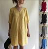 Schlichter, literarischer Retro-V-Ausschnitt, lockerer Pullover, einfarbig, kurzärmeliges Baumwollkleid in Übergröße
