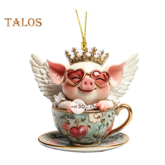 

2D Acrylic Animal Pendant Animals in Teacup Hanging Ornament Cartoon Animal Ornament with Lanyard for Car Rearview Mirror Home Door Decor A