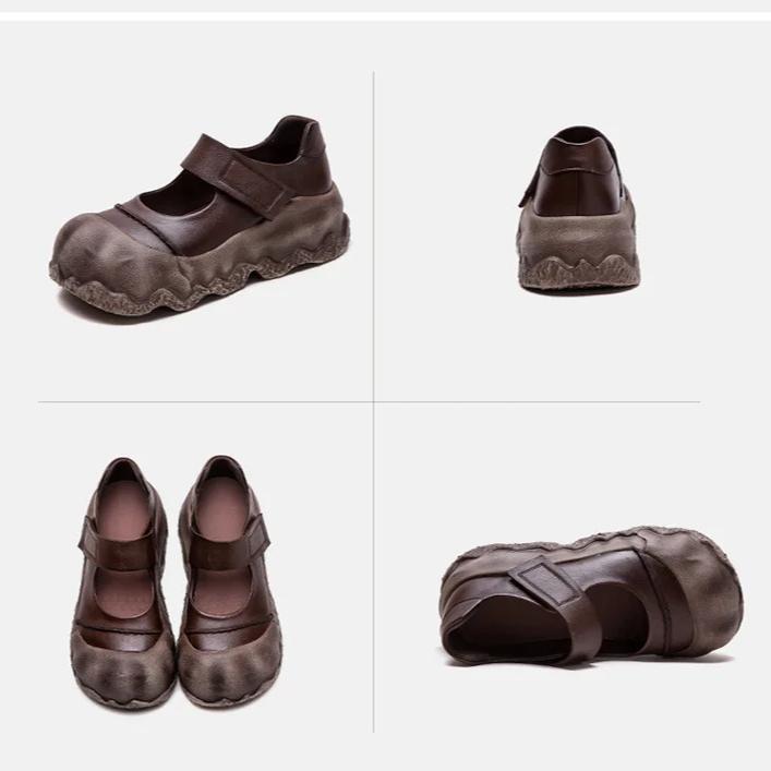 Johnature Sapatos retrô de bico redondo com sola grossa e couro legítimo, sapatos baixos femininos com sola macia