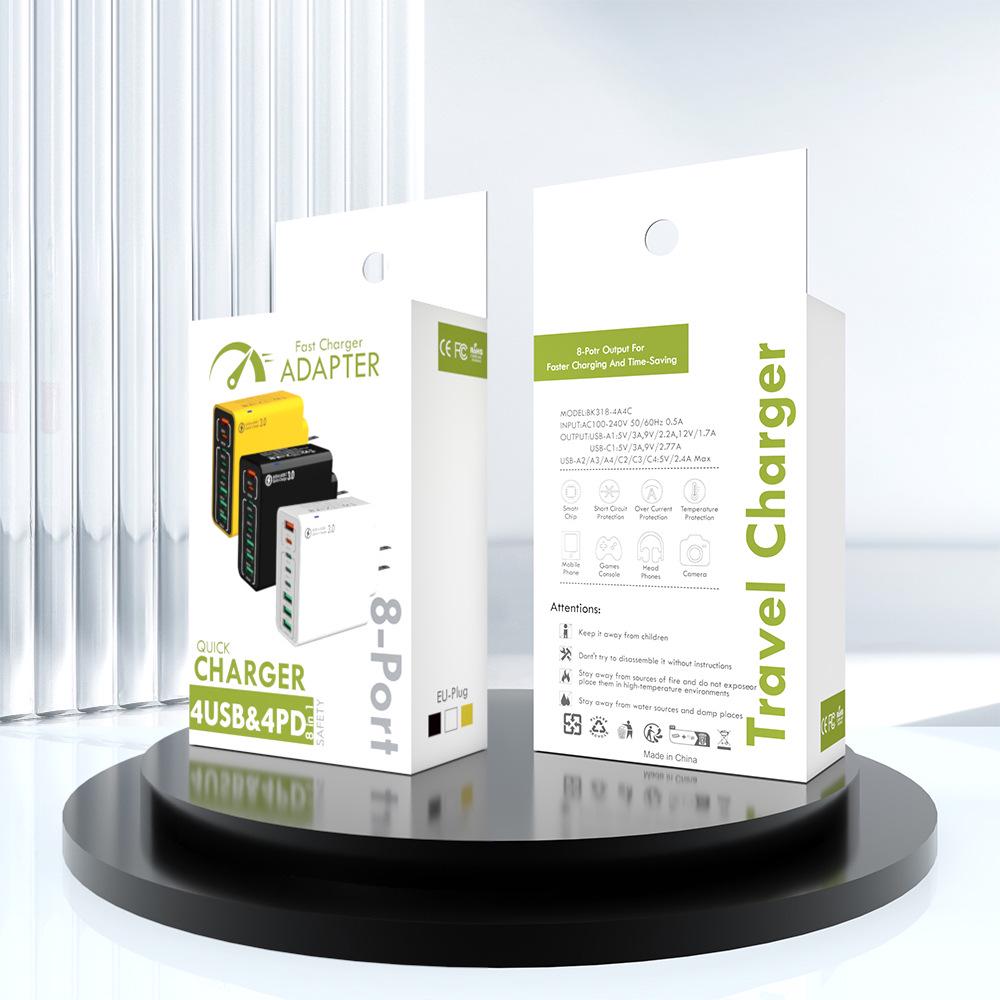 Fast 8-Port Charger: 4 USB, 4 PD, 55W, QC3.0 – Compatible with European, American, Korean Standards