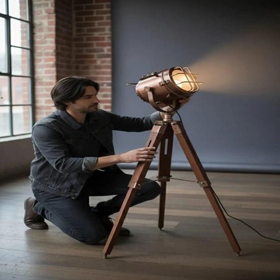 

Handmade Copper Spotlight Floor Lamp Nautical Brass Studio Tripod with Adjustable Wooden Base Searchlight Home Decor