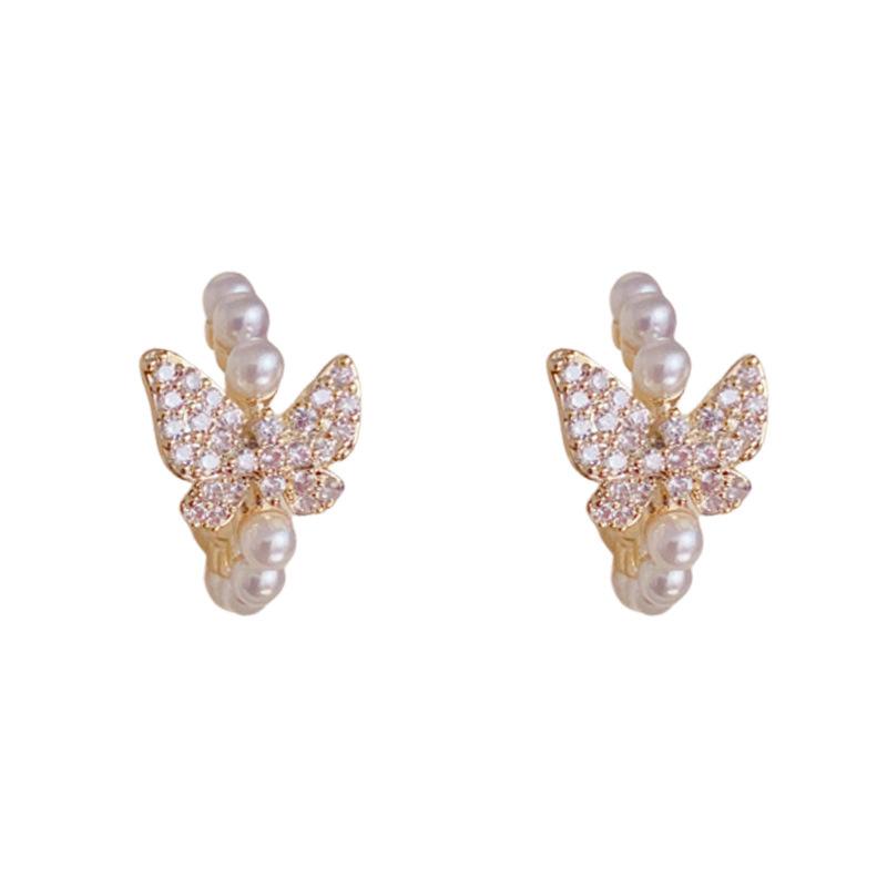 French Style Gentle Sweet Rhinestone Butterfly Pearl C Shaped Hoop Earrings For Women
