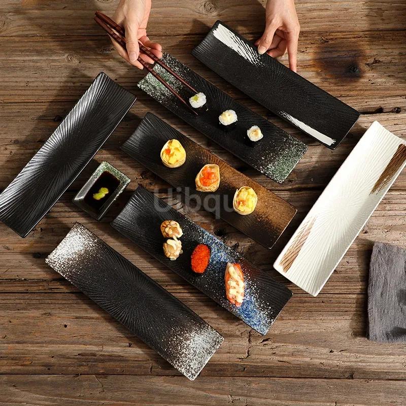 Rechteckiger Sashimi-Teller Kalte Speise Keramikscheibe Vintage Restaurant Spezieller langer Teller für japanisches Sushi Kochkreativer Teller