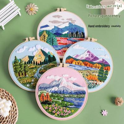 DIY Embroidery Kit: Scenery Design with Needle, Thread, and Cotton Cloth
