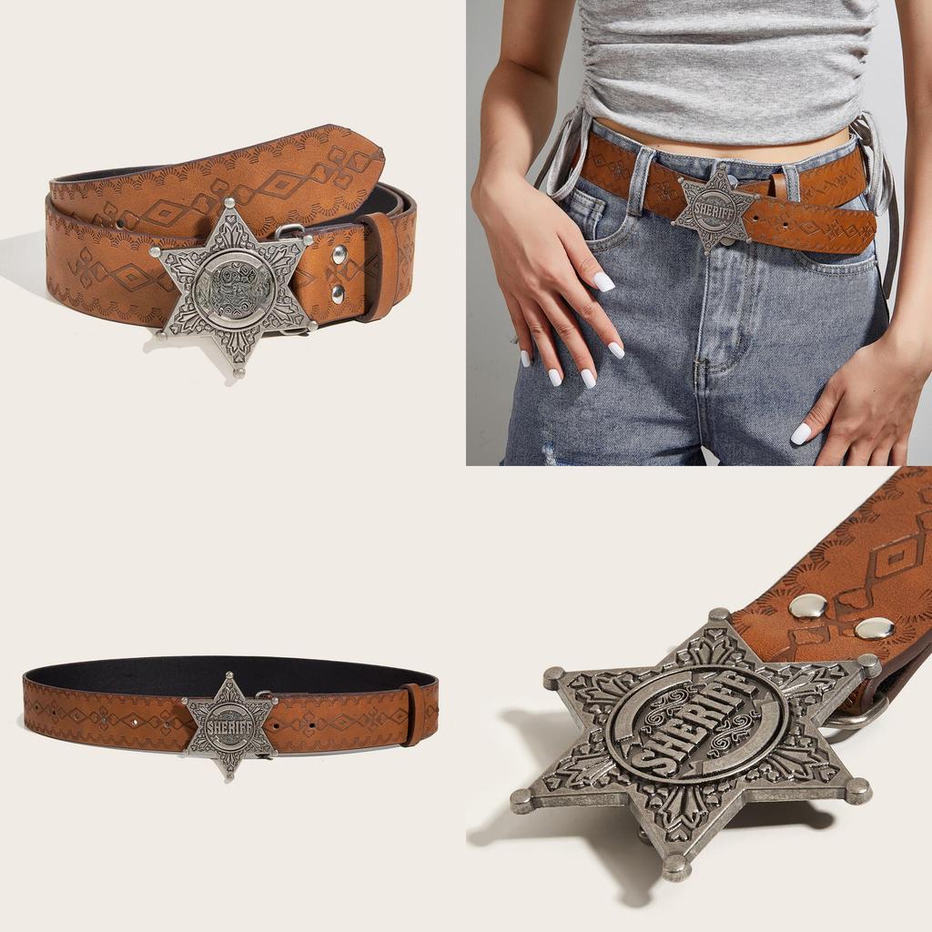 Unique Star Pattern Leather Belt With Alloy Snap Buckle For Trendy Casual And Gift Giving