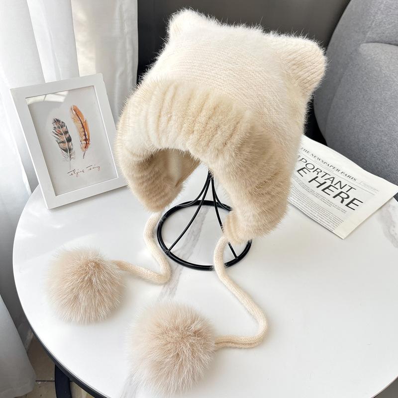 Luxury Women's Hand Knitted Adjustable Winter Beanie Mink/Fox Fur Lined Thermal Ear Protection Fashionable Functional Earmuffs
