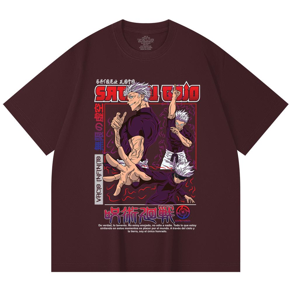 

230 г/м² 100% бавовна Jujutsu Kaisen V25 Принт Годжо Унісекс Важка бавовняна футболка 2XL вина червоного кольору