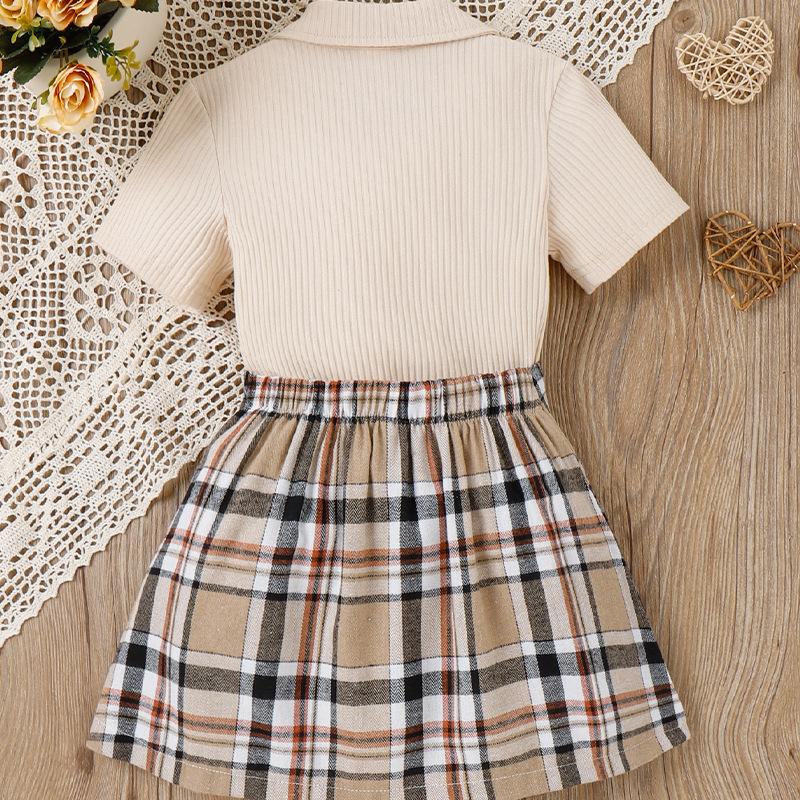 Sweet Girl's Spring/Summer Children's Lapel Bow Short-sleeved Top and Checkered Short Skirt Uniform Set
