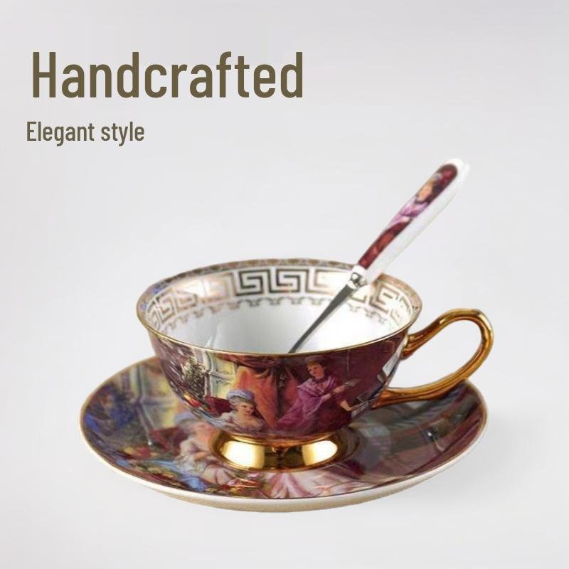 Juego de Tazas de Té y Café de Porcelana Ósea Pintada en Oro Retro Europeo