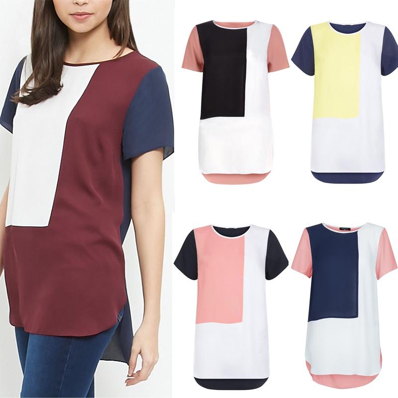 Women's Summer O-neck Loose Short Sleeve Shirt With Leisure Patchwork Design