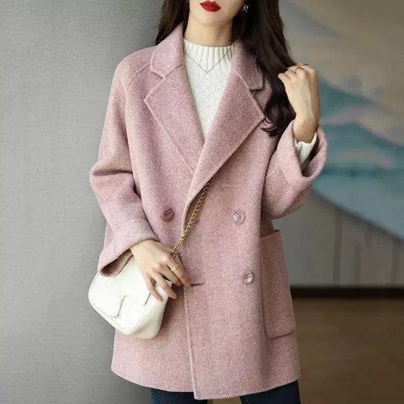 

Autumn and Winter Fashion Herringbone Pattern Loose and Thin Western Style Small All-match Woolen Mid-length Coat S