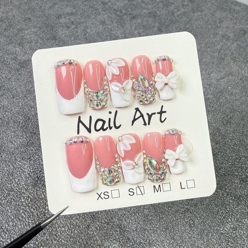 Handmade Press-On Nails With 3D Floral Bow Design Nude Pink Full Rhinestone French Tip Thin Invisible Fit Women Small