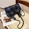 Blue Brown Plaid Woolen Drawstring Bucket Bag Women's Shoulder Bag