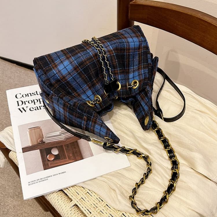 Blue Brown Plaid Woolen Drawstring Bucket Bag Women's Shoulder Bag