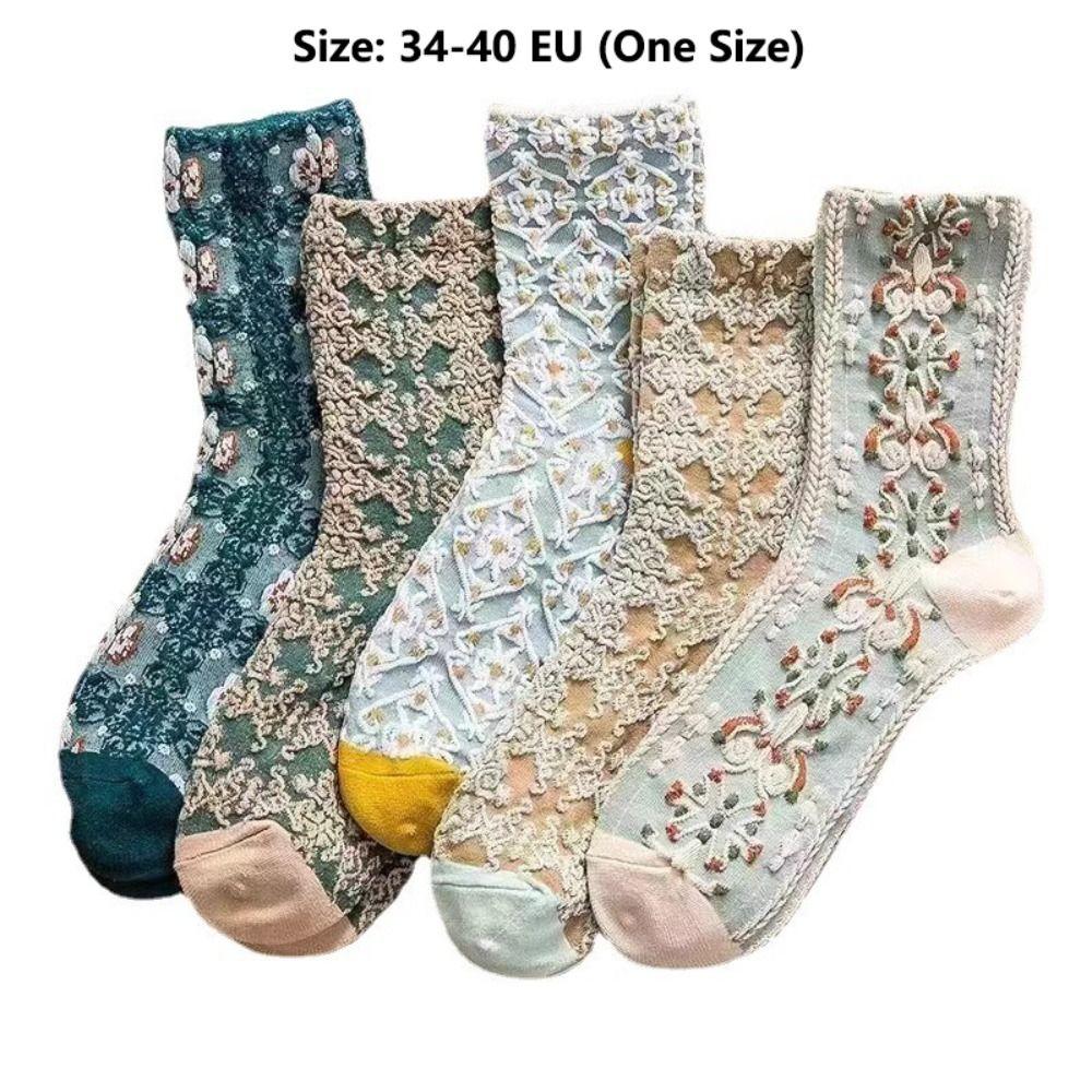 5 Pairs Geometric 3D Textured Women's Socks Cute Flower 3D Textured Socks New Floral Socks  Women