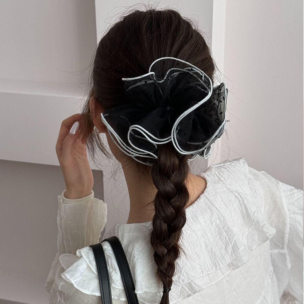 Scrunchies Plissados de Chiffon com Renda e Bolinhas Cordas de Cabelo Scrunchies de Organza Coreanos Prendedor de Rabo de Cavalo